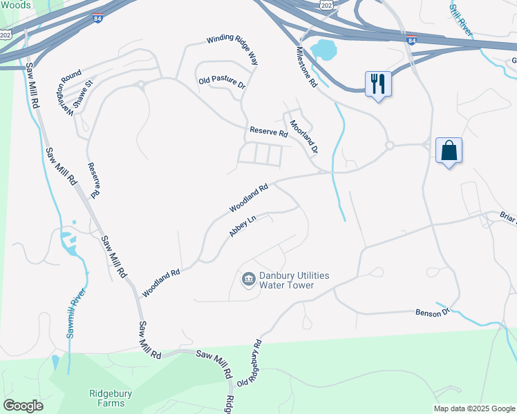 map of restaurants, bars, coffee shops, grocery stores, and more near 15 Abbey Lane in Danbury