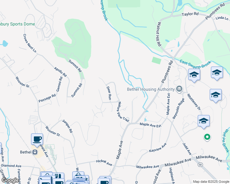 map of restaurants, bars, coffee shops, grocery stores, and more near 12 Deer Run in Bethel