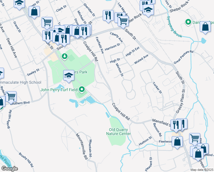 map of restaurants, bars, coffee shops, grocery stores, and more near 19 Rocky Glen Road in Danbury