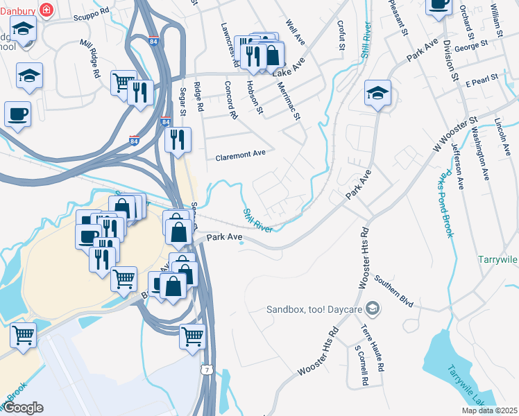 map of restaurants, bars, coffee shops, grocery stores, and more near 43 Belmont Circle in Danbury