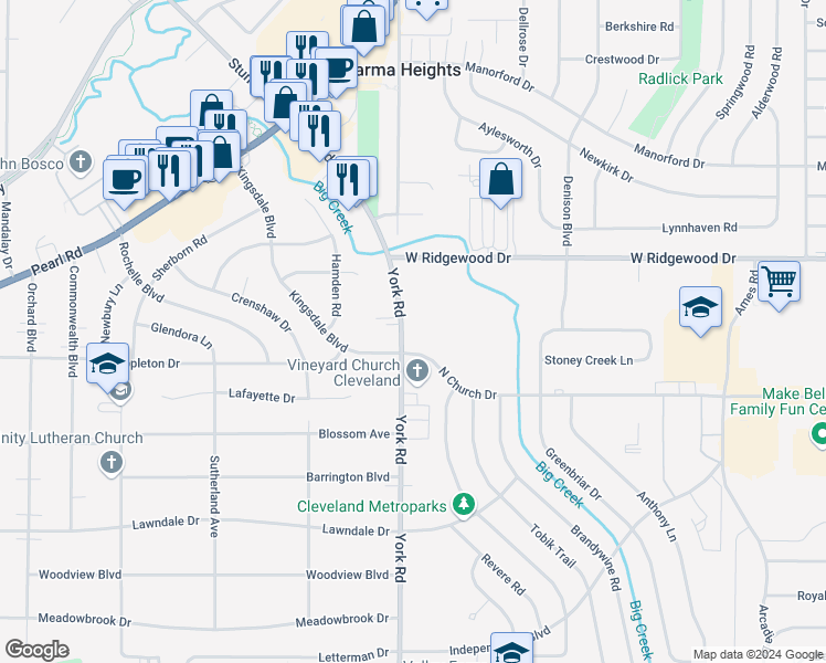 map of restaurants, bars, coffee shops, grocery stores, and more near 10438 North Church Drive in Parma Heights