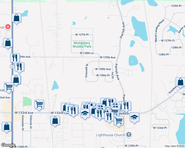 map of restaurants, bars, coffee shops, grocery stores, and more near 13018A Carey Street in Cedar Lake