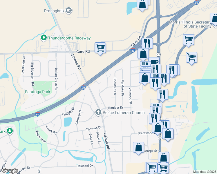 map of restaurants, bars, coffee shops, grocery stores, and more near 415 Meadowbrook Lane in Morris