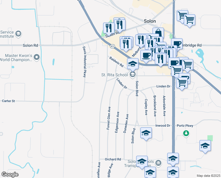 map of restaurants, bars, coffee shops, grocery stores, and more near 6560 Forest Glen Avenue in Solon