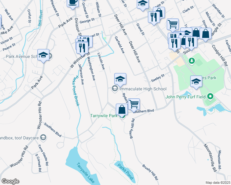 map of restaurants, bars, coffee shops, grocery stores, and more near 73 Southern Boulevard in Danbury