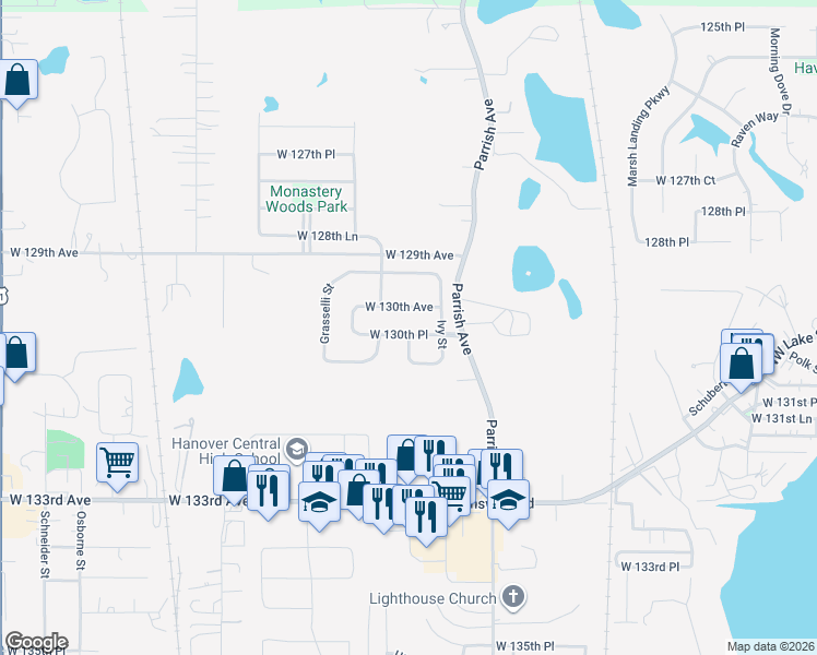 map of restaurants, bars, coffee shops, grocery stores, and more near 13025A Drummond Street in Cedar Lake