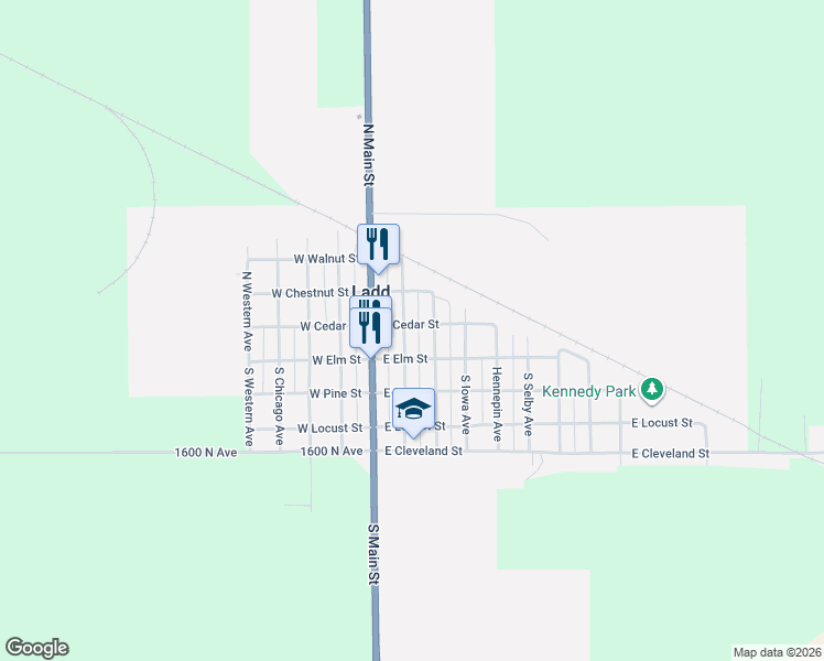 map of restaurants, bars, coffee shops, grocery stores, and more near 114 North Peru Avenue in Ladd