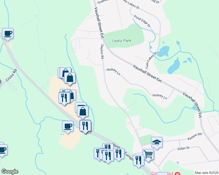 map of restaurants, bars, coffee shops, grocery stores, and more near 95 Dayton Road in Waterford