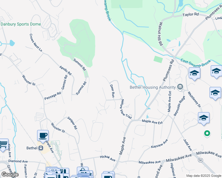 map of restaurants, bars, coffee shops, grocery stores, and more near 12 Deer Run in Bethel