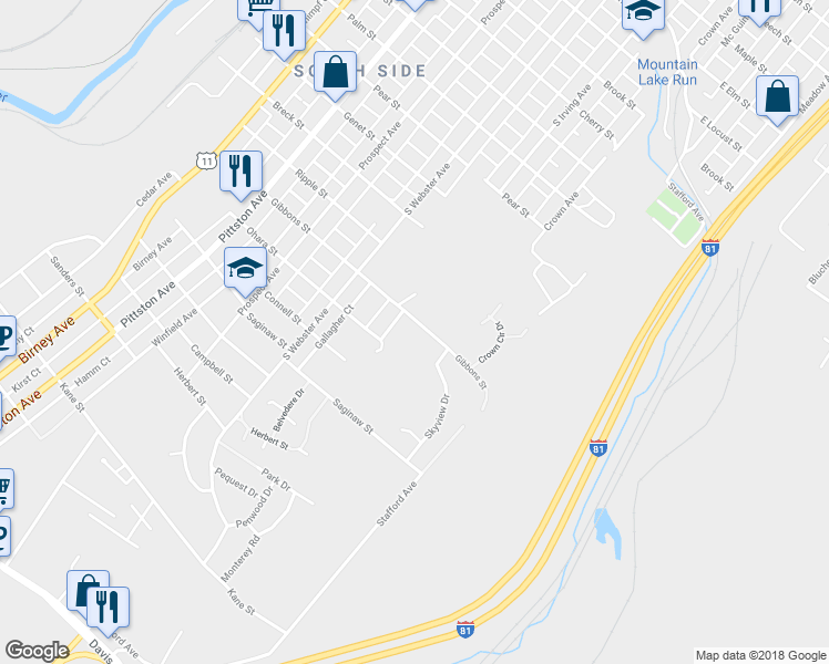 map of restaurants, bars, coffee shops, grocery stores, and more near 1-12 Skyview Drive in Scranton