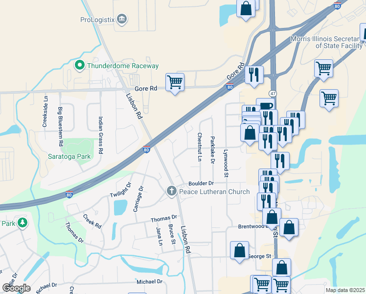 map of restaurants, bars, coffee shops, grocery stores, and more near 2400/2402 Oakland Circle in Morris