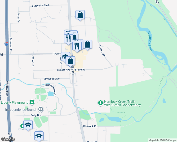 map of restaurants, bars, coffee shops, grocery stores, and more near 7408 Stone Road in Independence
