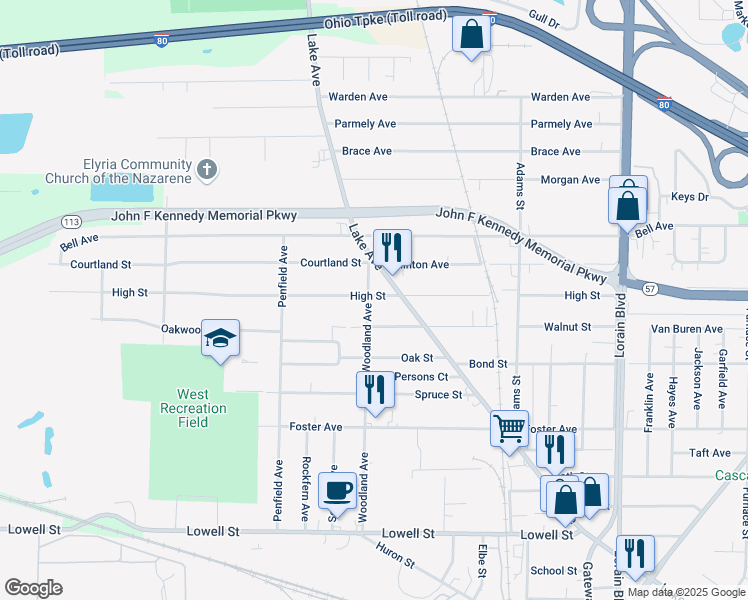 map of restaurants, bars, coffee shops, grocery stores, and more near 723 Woodland Avenue in Elyria