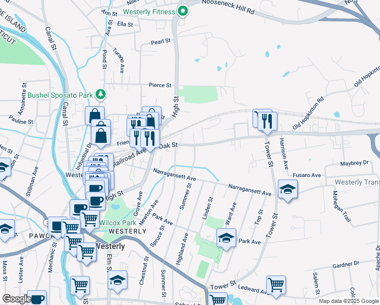 map of restaurants, bars, coffee shops, grocery stores, and more near 14 Haswell Street in Westerly