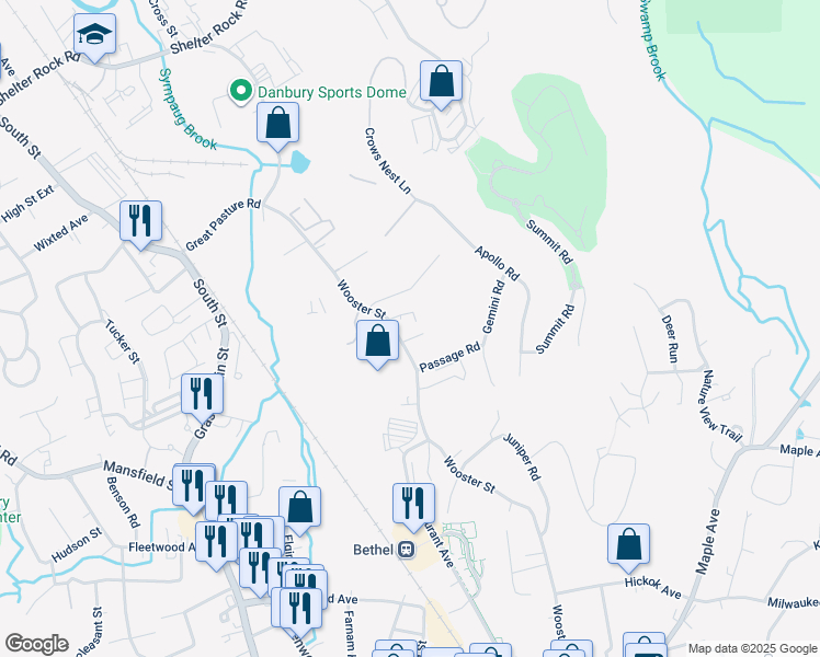 map of restaurants, bars, coffee shops, grocery stores, and more near 107 Wooster Street in Bethel
