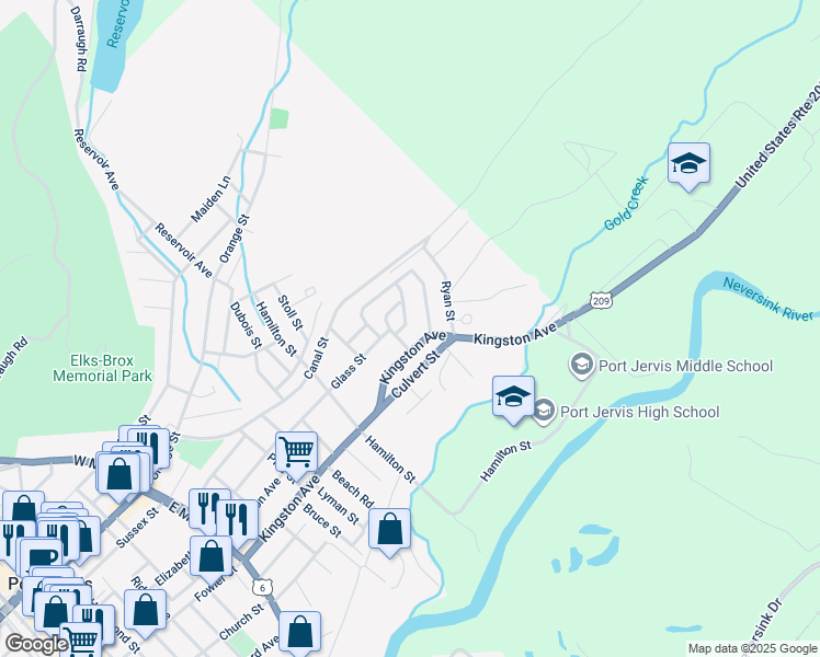 map of restaurants, bars, coffee shops, grocery stores, and more near 1 Cahoonzie Street in Port Jervis