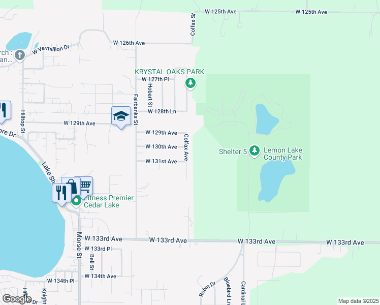 map of restaurants, bars, coffee shops, grocery stores, and more near 13100-13104 Colfax St in Cedar Lake