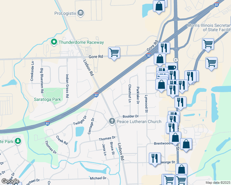 map of restaurants, bars, coffee shops, grocery stores, and more near 510 Meadowbrook Lane in Morris