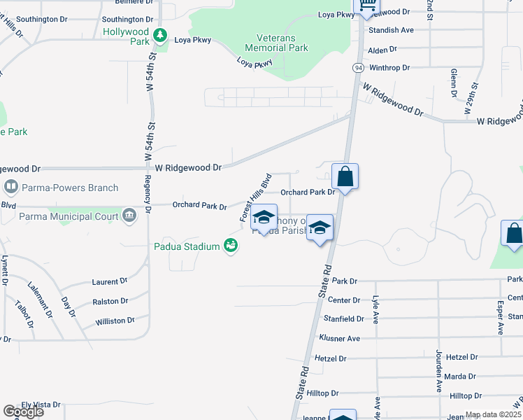 map of restaurants, bars, coffee shops, grocery stores, and more near 4510 Fruitland Drive in Parma