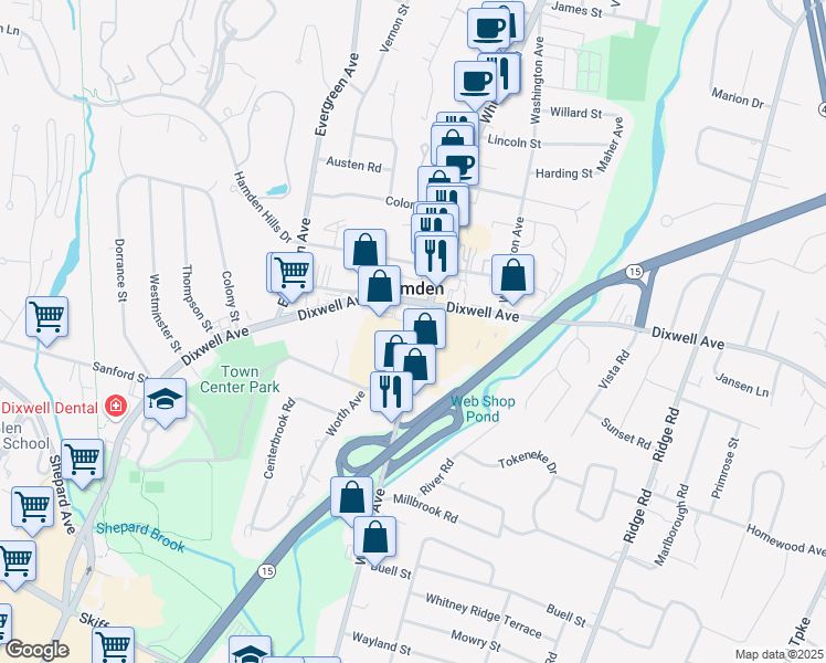 map of restaurants, bars, coffee shops, grocery stores, and more near 2320 Whitney Avenue in Hamden