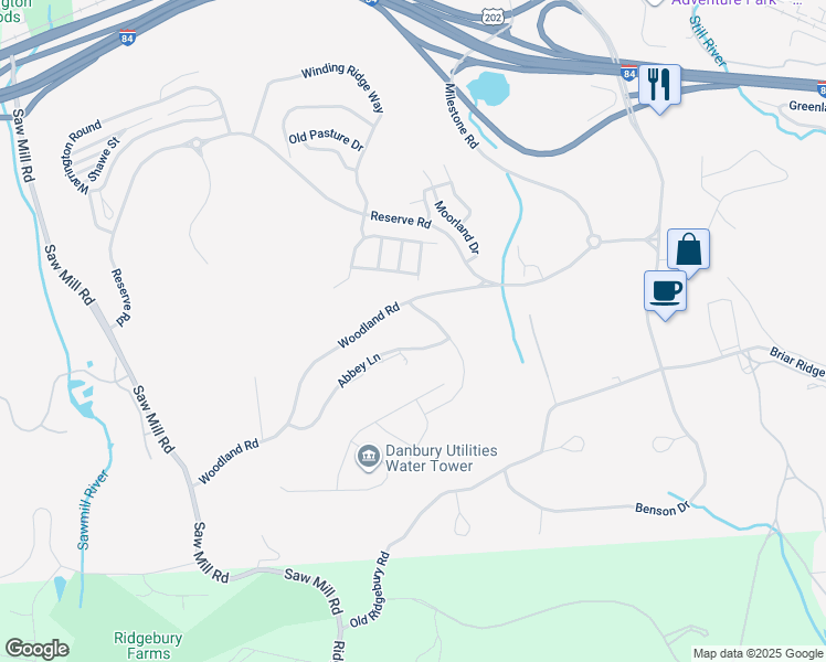 map of restaurants, bars, coffee shops, grocery stores, and more near 11 Abbey Lane in Danbury