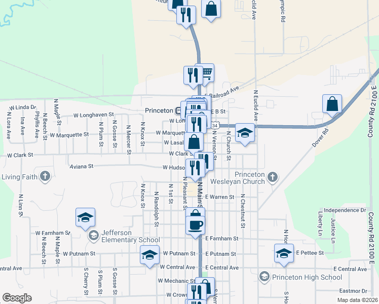 map of restaurants, bars, coffee shops, grocery stores, and more near 713 North Pleasant Street in Princeton
