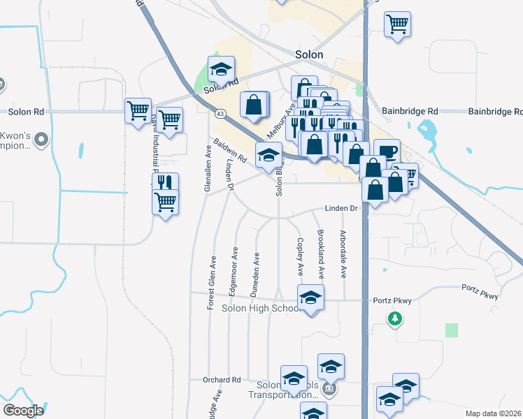 map of restaurants, bars, coffee shops, grocery stores, and more near 33192 Linden Drive in Solon