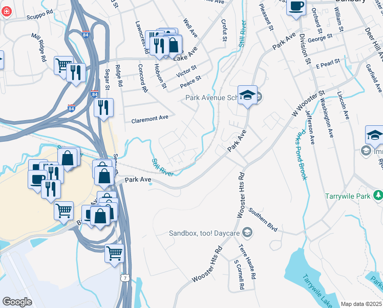 map of restaurants, bars, coffee shops, grocery stores, and more near 2 Belmont Place in Danbury