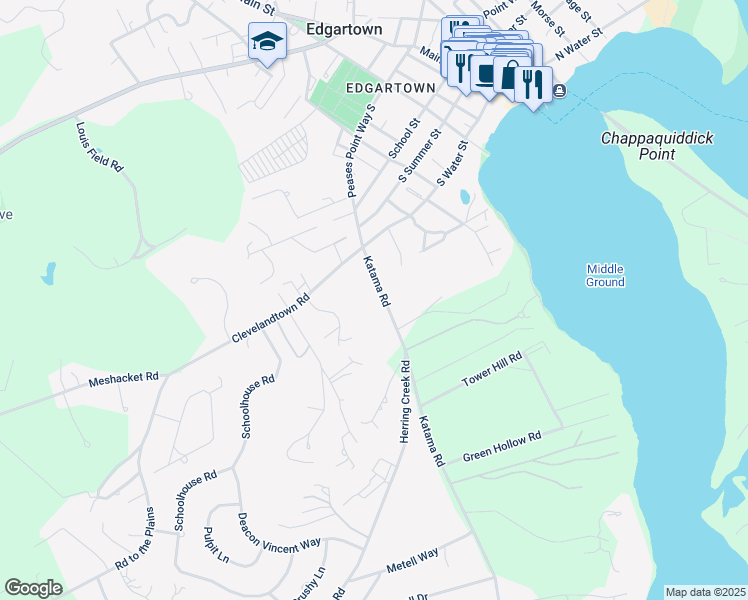 map of restaurants, bars, coffee shops, grocery stores, and more near 166 Katama Road in Edgartown