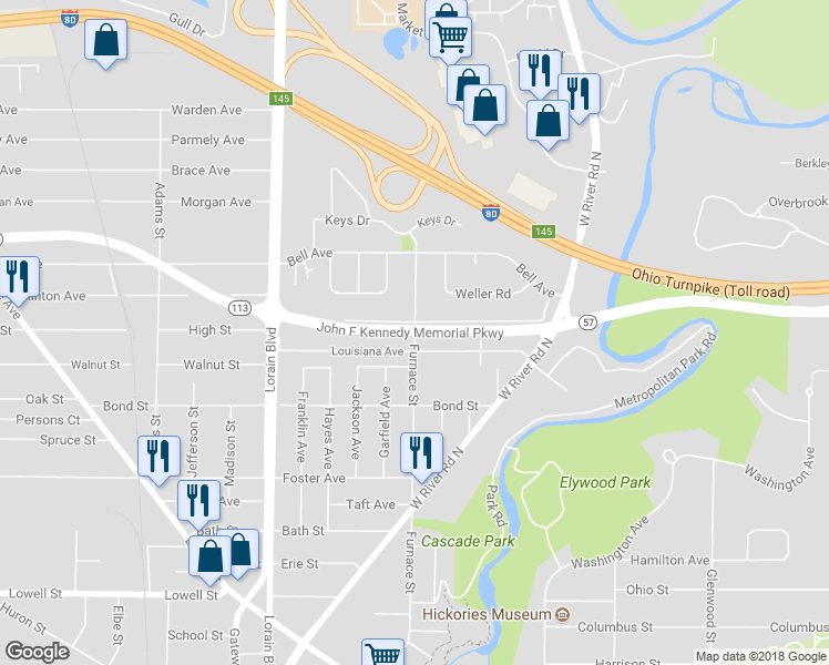 map of restaurants, bars, coffee shops, grocery stores, and more near 700 Furnace Street in Elyria
