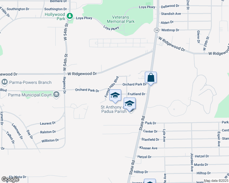 map of restaurants, bars, coffee shops, grocery stores, and more near 4521 Fruitland Drive in Parma