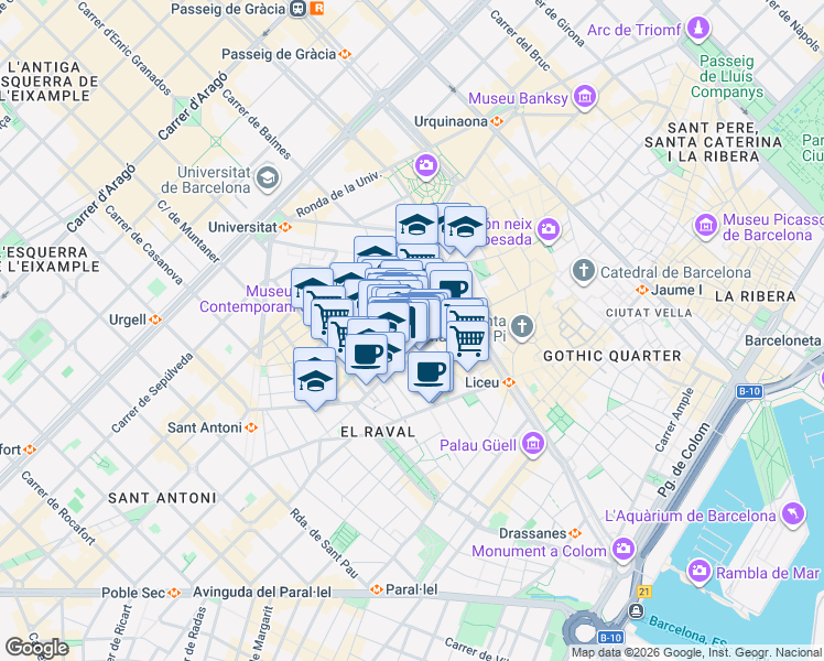 map of restaurants, bars, coffee shops, grocery stores, and more near 22 Carrer del Pintor Fortuny in Barcelona