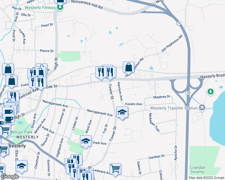 map of restaurants, bars, coffee shops, grocery stores, and more near 137 Tower Street in Westerly