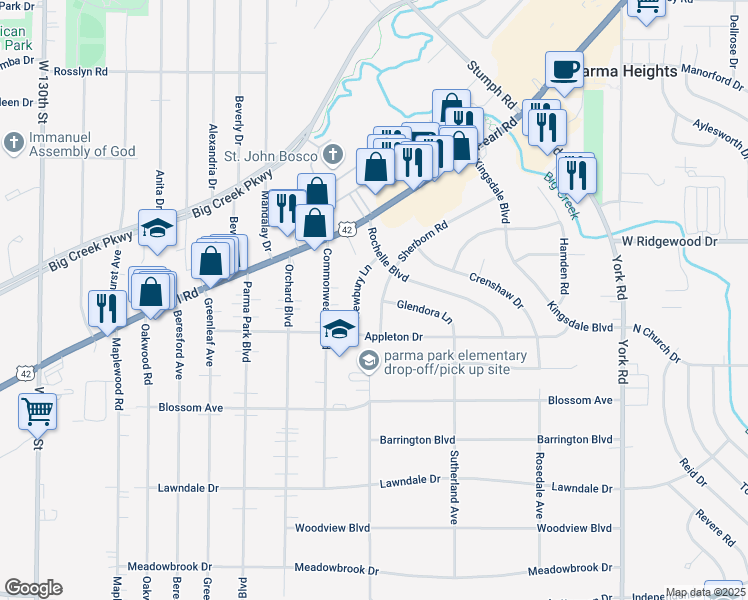 map of restaurants, bars, coffee shops, grocery stores, and more near 6683 Newbury Lane in Parma Heights