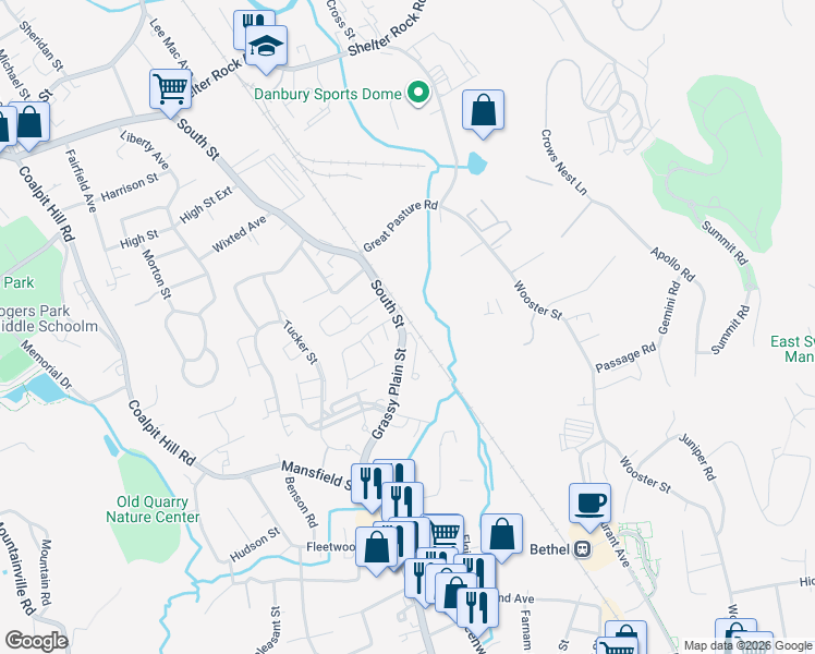 map of restaurants, bars, coffee shops, grocery stores, and more near 5 South Street in Danbury