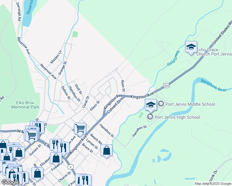 map of restaurants, bars, coffee shops, grocery stores, and more near 7 Culvert Street in Port Jervis