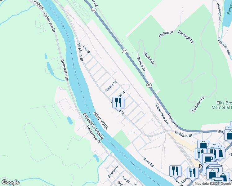 map of restaurants, bars, coffee shops, grocery stores, and more near 203 West Main Street in Port Jervis