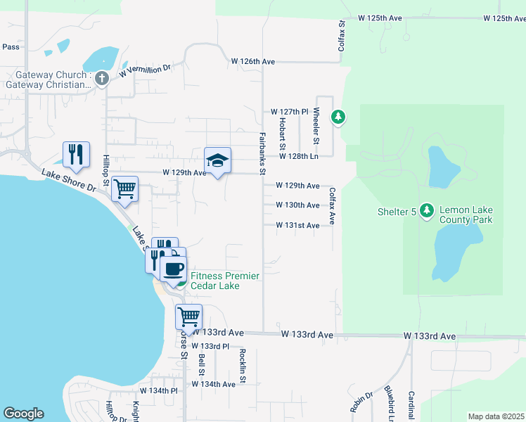 map of restaurants, bars, coffee shops, grocery stores, and more near 13000-13098 Fairbanks Street in Cedar Lake