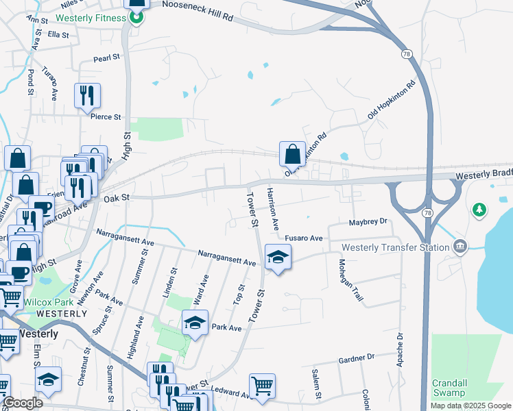 map of restaurants, bars, coffee shops, grocery stores, and more near 132 Tower Street in Westerly