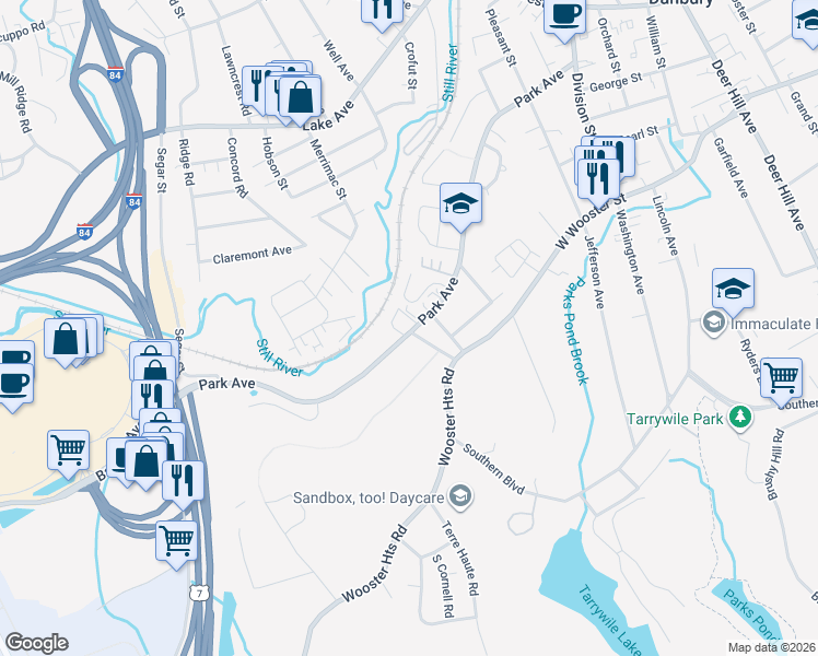 map of restaurants, bars, coffee shops, grocery stores, and more near 121 Park Avenue in Danbury