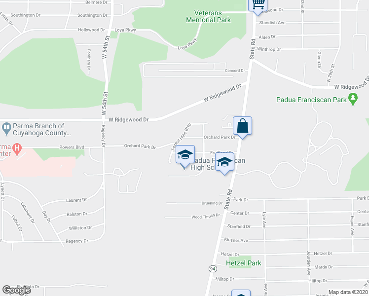 map of restaurants, bars, coffee shops, grocery stores, and more near 4521 Fruitland Drive in Parma