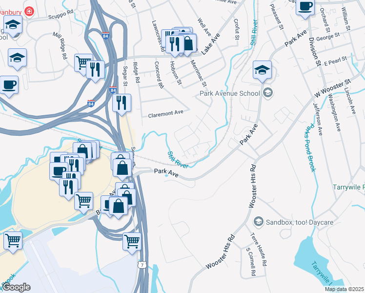 map of restaurants, bars, coffee shops, grocery stores, and more near 43 Belmont Circle in Danbury