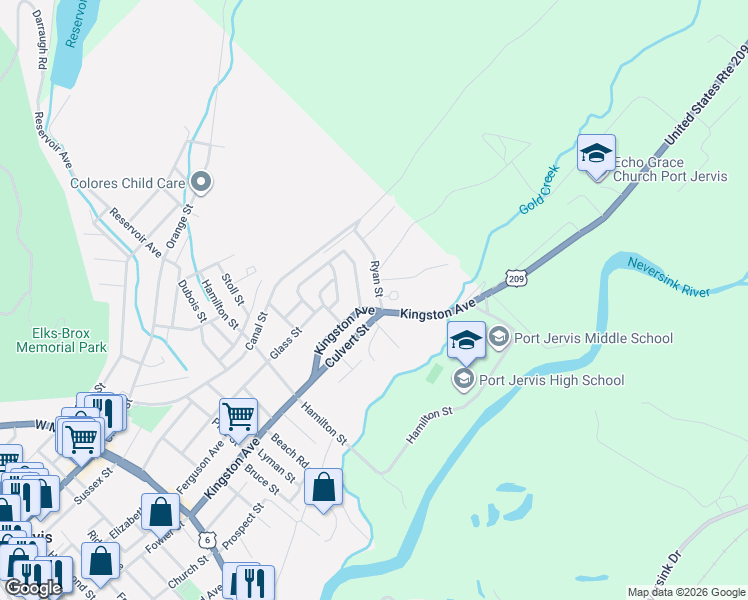 map of restaurants, bars, coffee shops, grocery stores, and more near 7 Culvert Street in Port Jervis