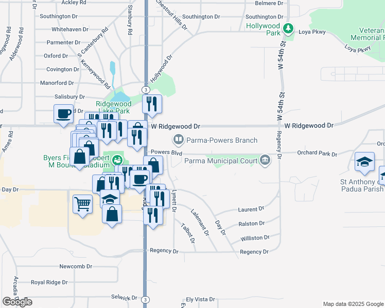 map of restaurants, bars, coffee shops, grocery stores, and more near 6996 Powers Boulevard in Parma