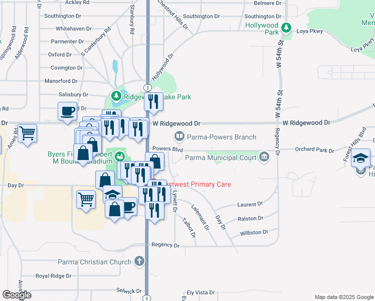 map of restaurants, bars, coffee shops, grocery stores, and more near 6996 Powers Boulevard in Parma