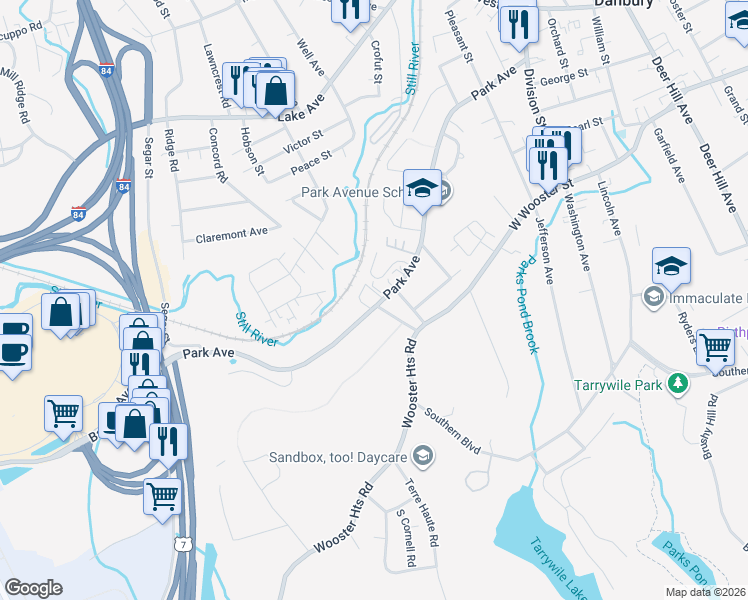 map of restaurants, bars, coffee shops, grocery stores, and more near 71 Pinewood Circle in Danbury