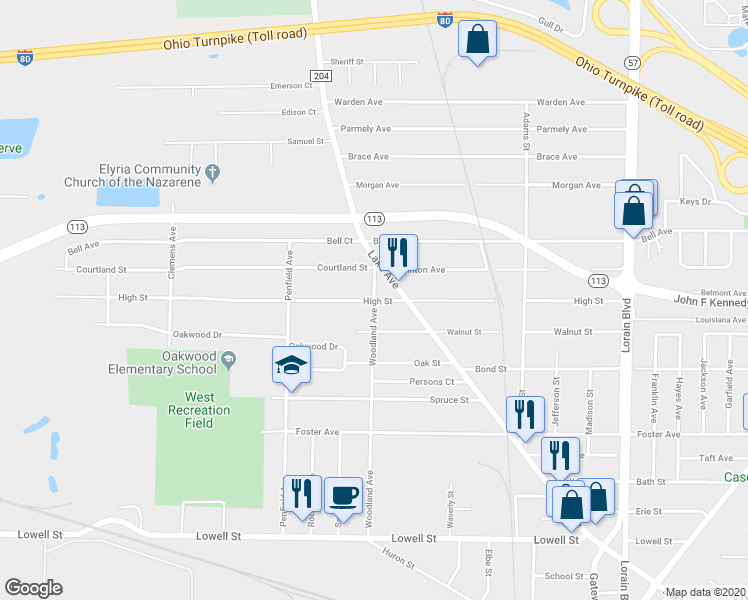 map of restaurants, bars, coffee shops, grocery stores, and more near 298 High Street in Elyria