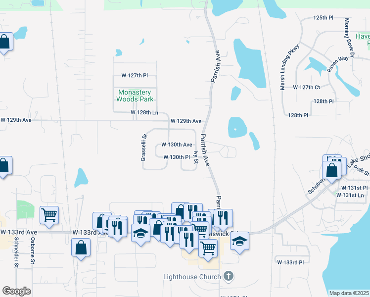 map of restaurants, bars, coffee shops, grocery stores, and more near 12922 Ivy Street in Cedar Lake