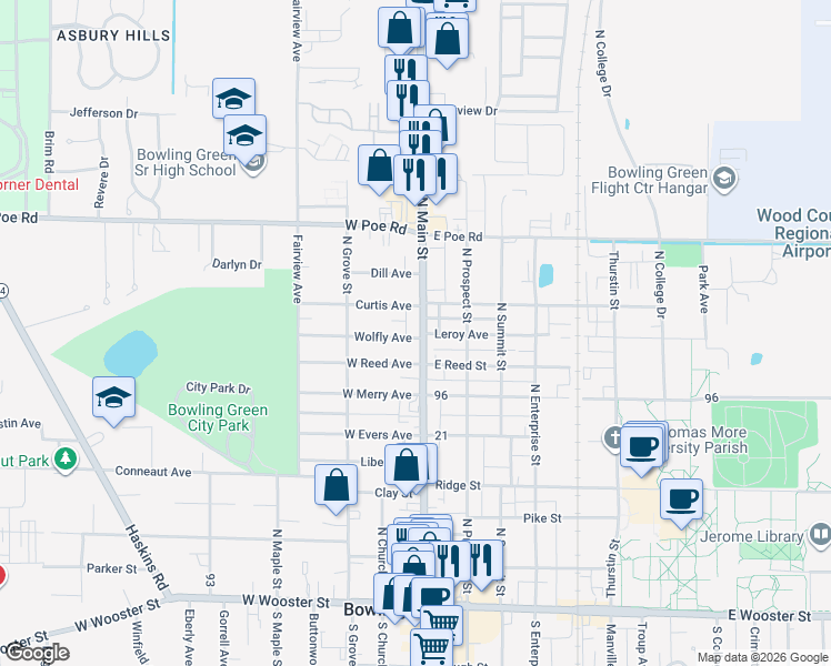 map of restaurants, bars, coffee shops, grocery stores, and more near 801 North Main Street in Bowling Green