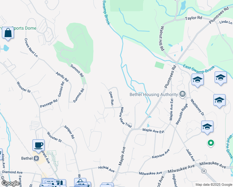 map of restaurants, bars, coffee shops, grocery stores, and more near 60 Nature View Trail in Bethel